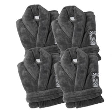 Four dark gray plush bathrobes arranged in a 2x2 grid on a white background, each with a white 'BEACH HOUSE JERSEY SHEETS' on the chest